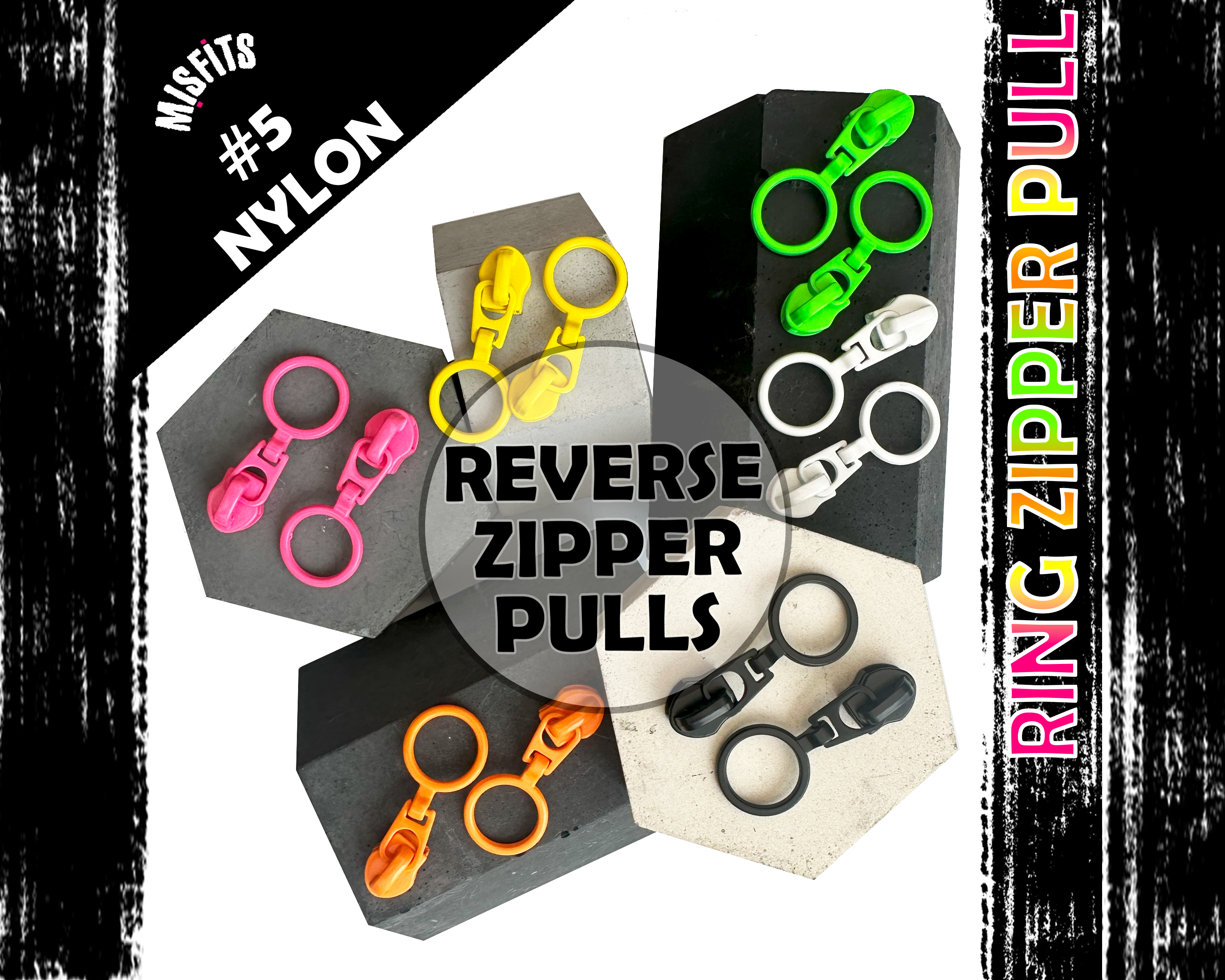REVERSE Ring Zipper Pulls for size 5 Nylon Zip Tape