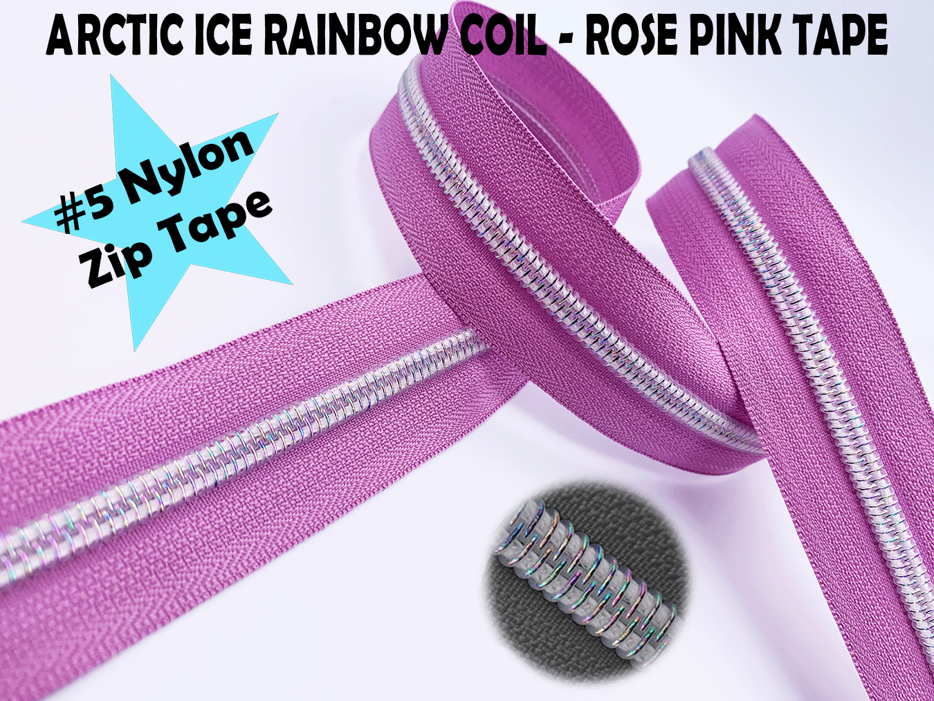 Rose Pink Zipper Tape with White Iridescent Rainbow Teeth, Arctic Ice Collection, for #5 nylon zips