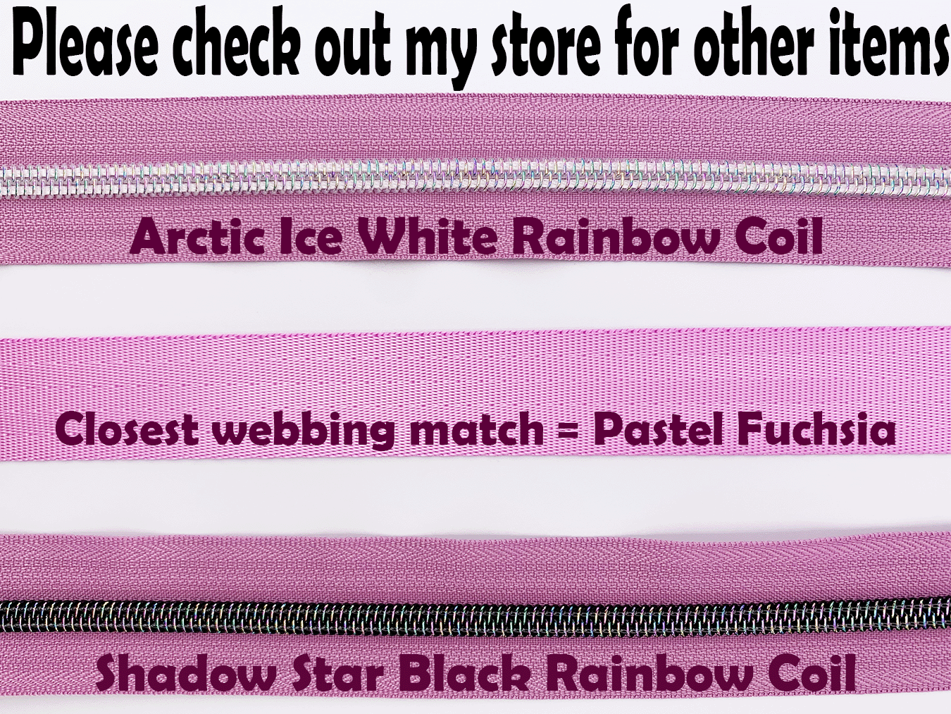 Rose Pink Zipper Tape with Dark Iridescent Rainbow Teeth, Shadow Star Collection, for #5 nylon zips