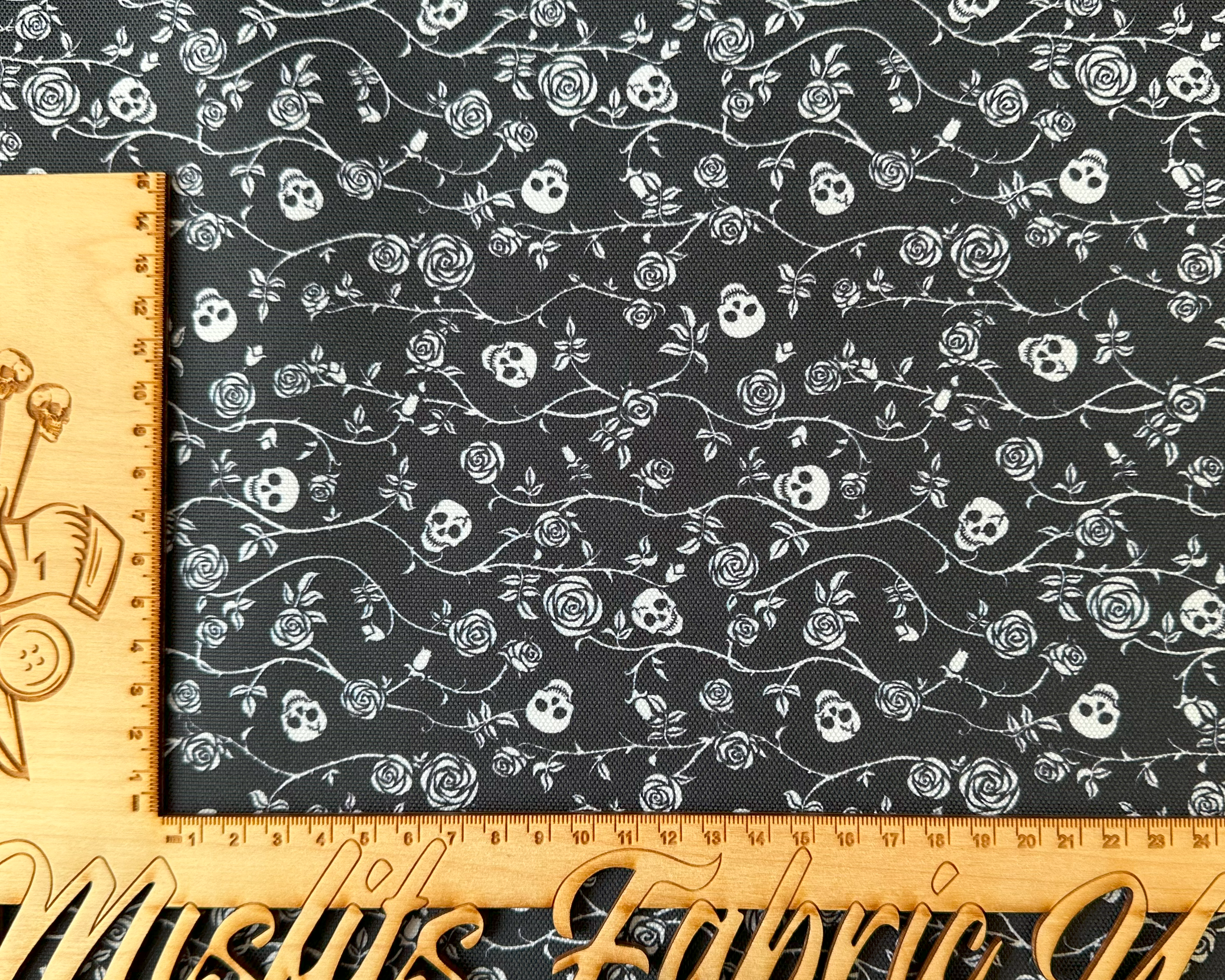 Entwined Skull & Roses Print, Waterproof Polyester Canvas. Simple black and white design