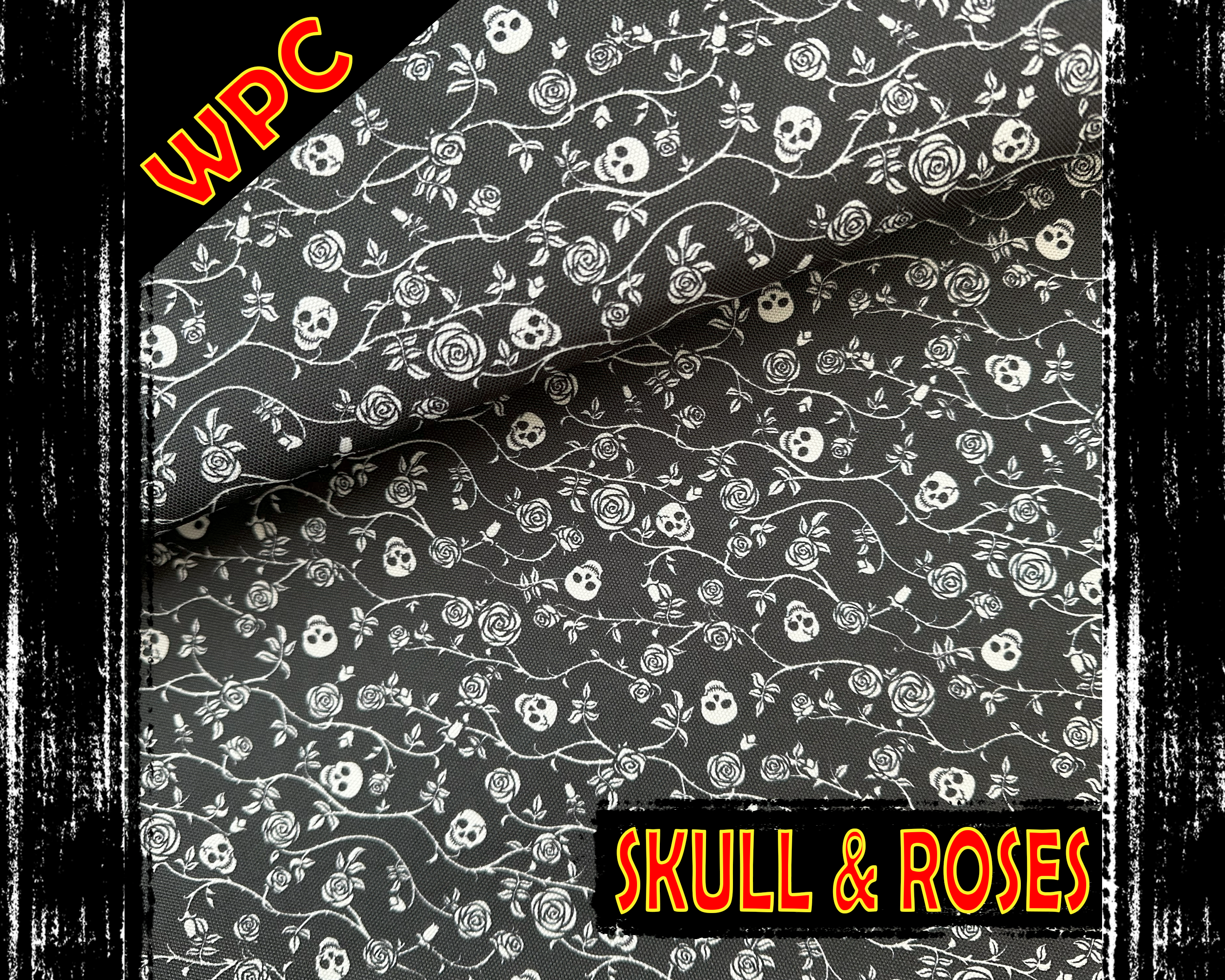 Entwined Skull & Roses Print, Waterproof Polyester Canvas. Simple black and white design