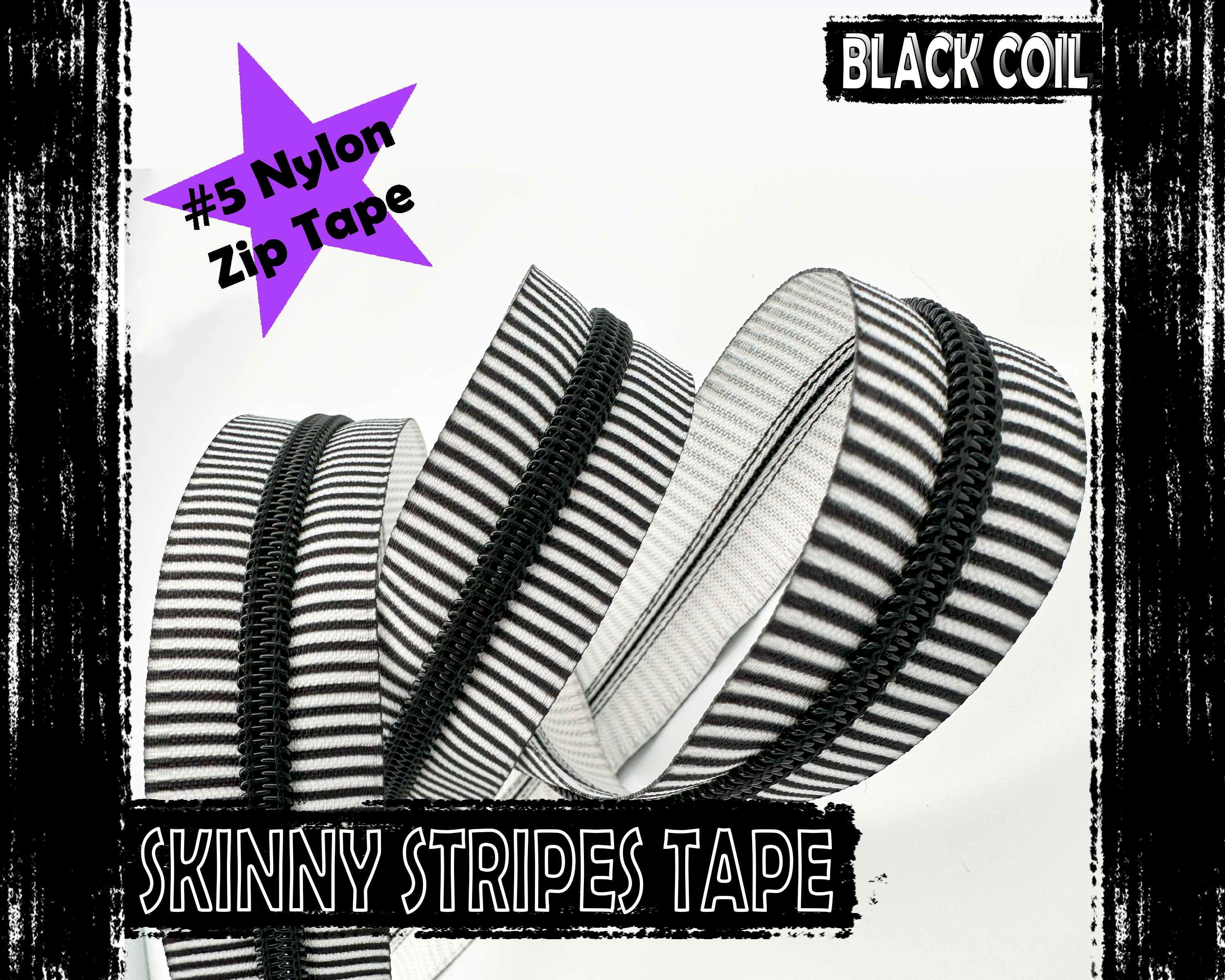 Skinny Black and White Stripe Zipper Tape with Black Teeth, #5 nylon zips