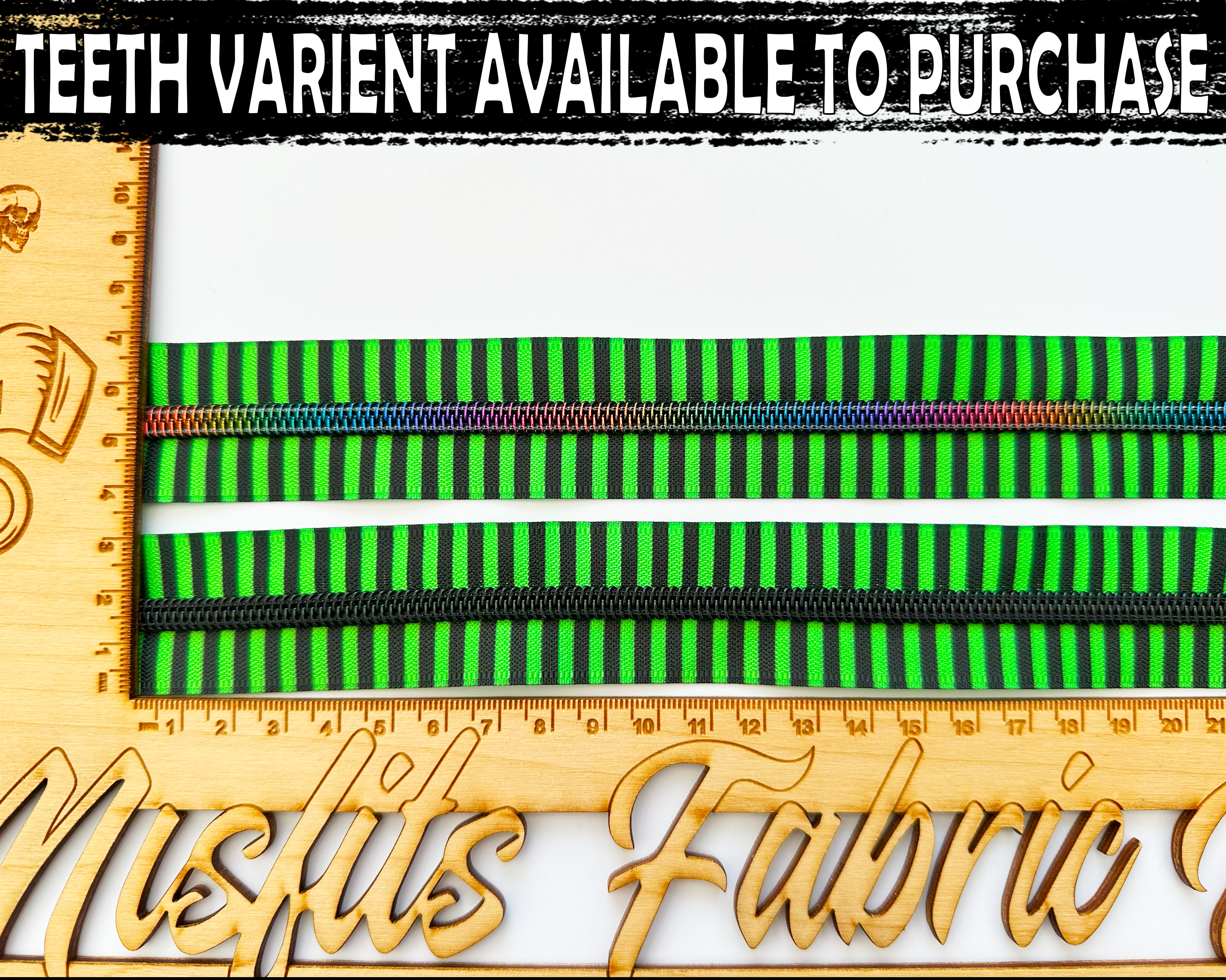 Neon and Black Striped Nylon Zipper Tape with Matte Black Teeth. Size 5
