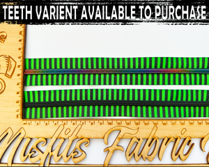 Neon and Black Striped Nylon Zipper Tape with Matte Black Teeth. Size 5