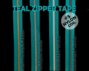 Teal Zipper Tape, Size 5 Nylon Coil with various coloured teeth