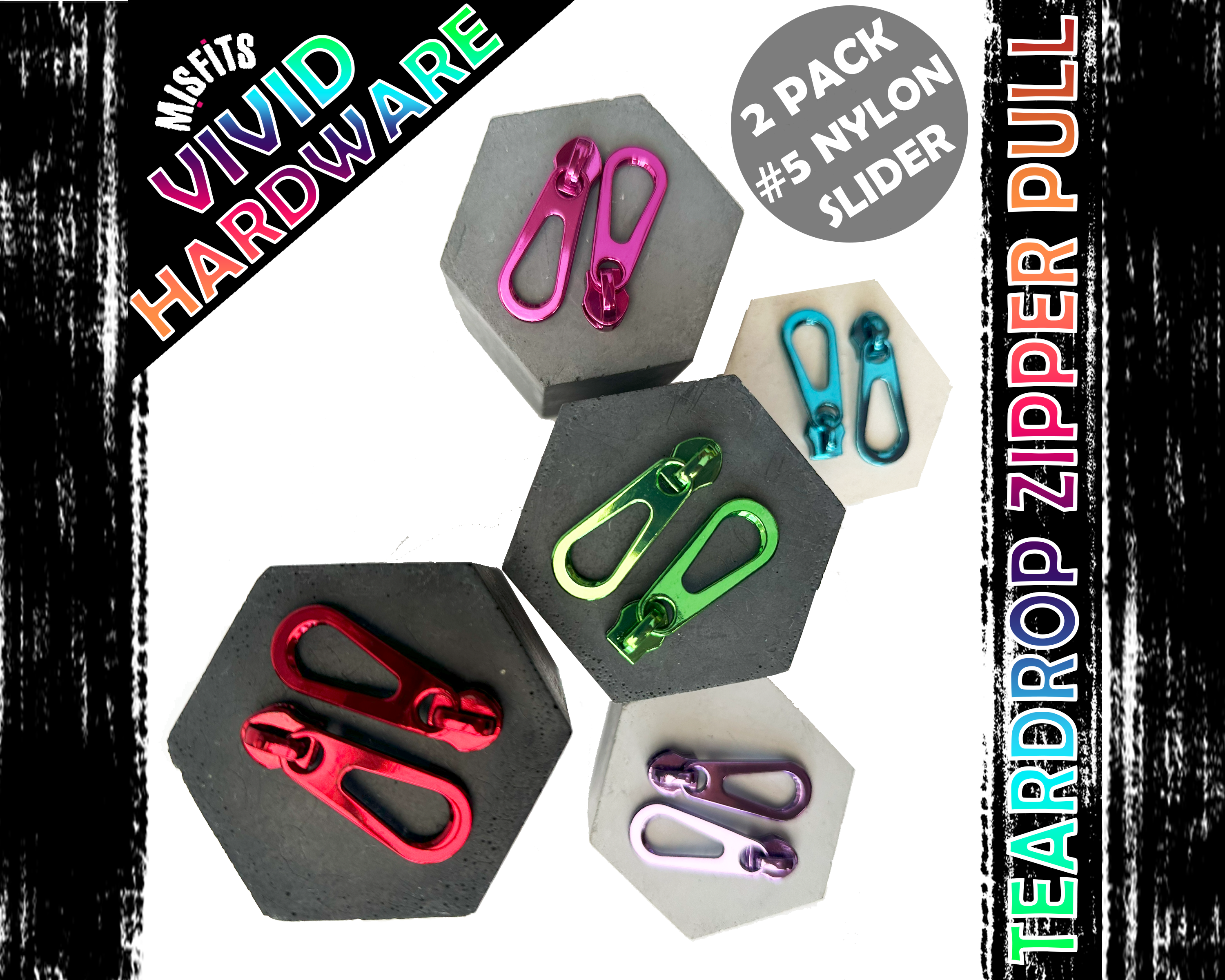 Teardrop Zipper Pulls in 5 Bright Colours. Bag making hardware for size 5 Nylon Zip Tape