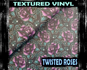 Textured Vinyl -  Twisted Roses. Green & Purple design with plaid background.