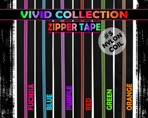 Black Zipper Tape, Size 5 Nylon Coil with either Blue, Fuchsia, Green, Red, Orange & Purple Teeth/Coil