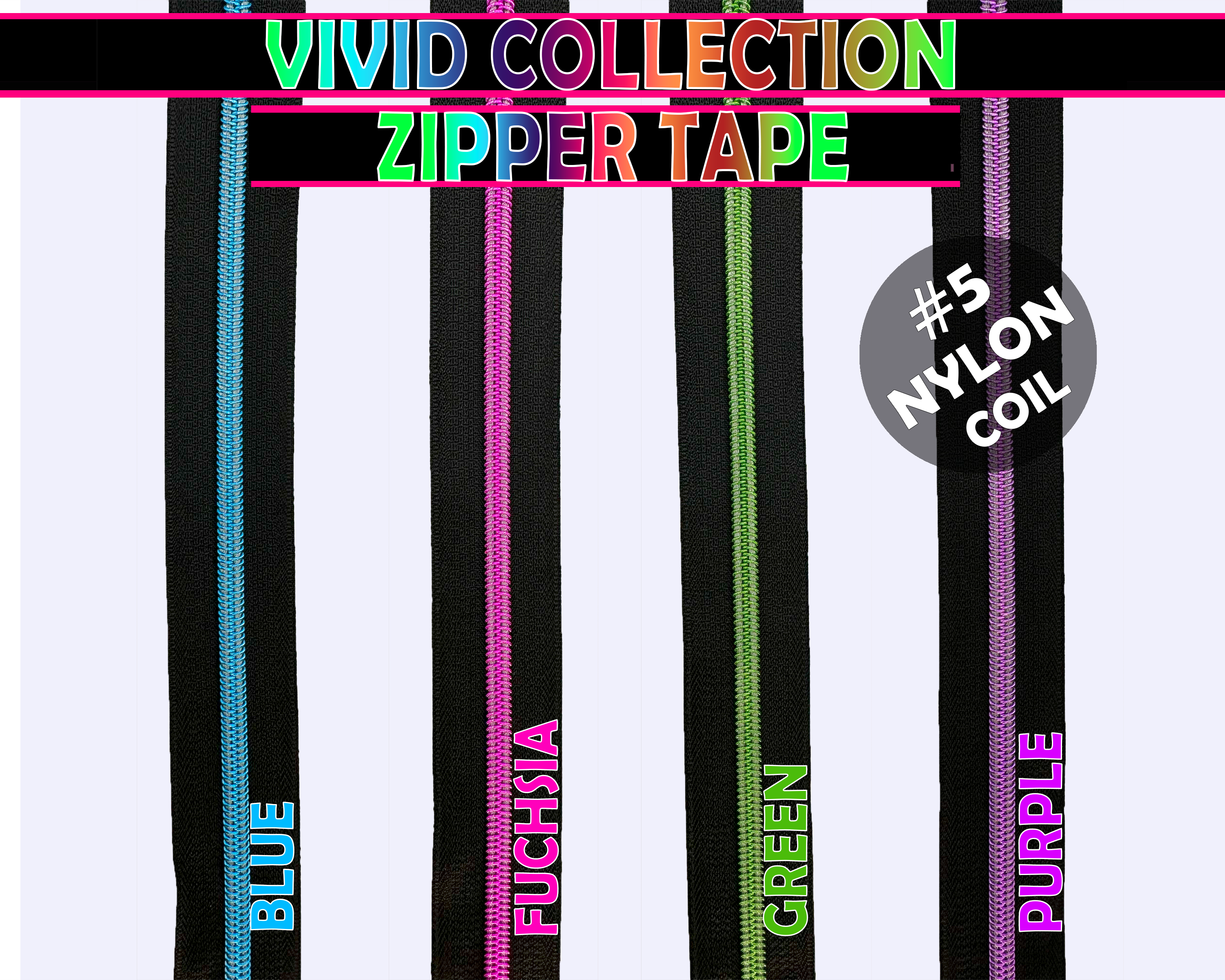 Black Zipper Tape, Size 5 Nylon Coil with either Blue, Fuchsia, Green & Purple Teeth/Coil