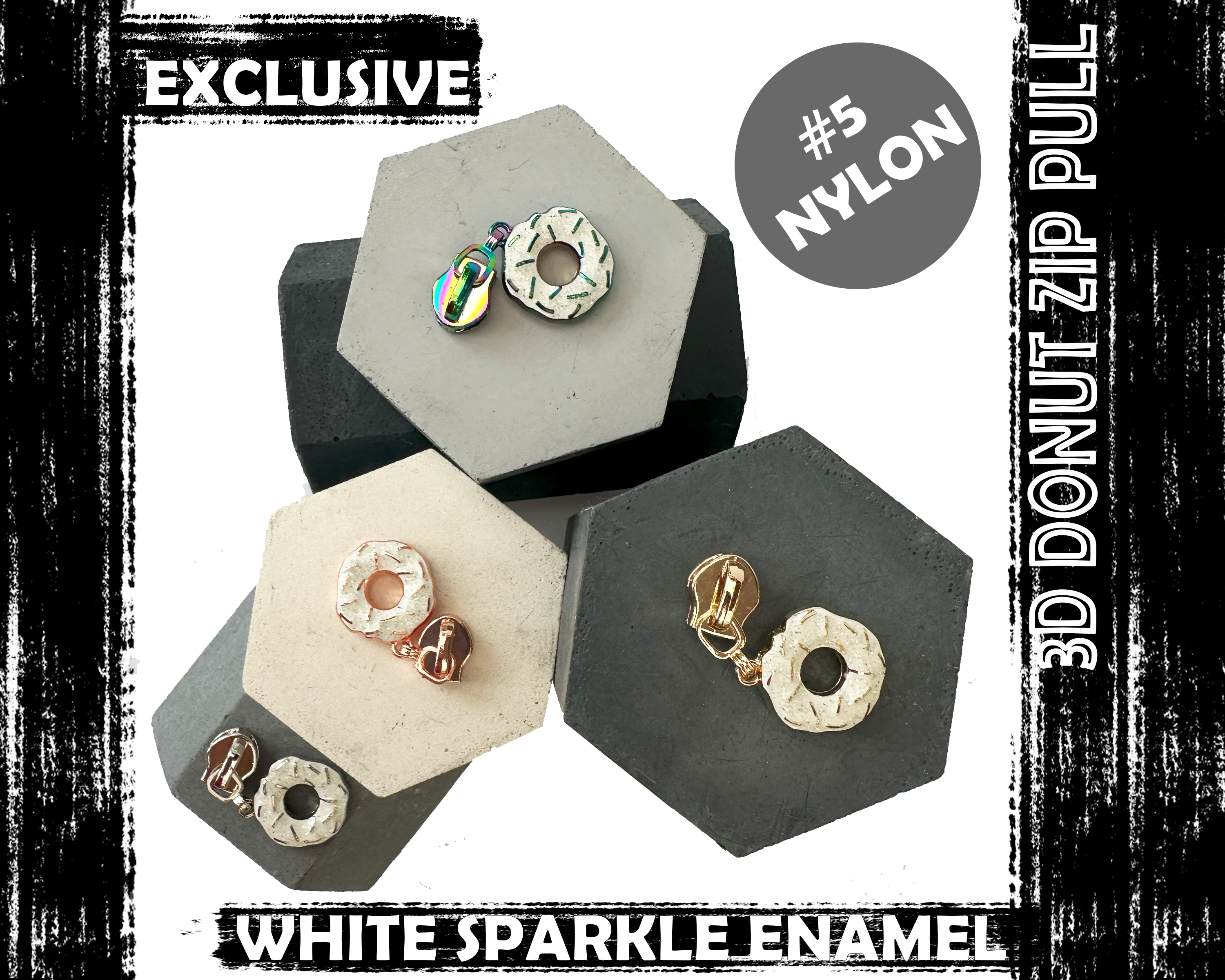 WHITE Glitter Enamel 3D Donut Zipper Pulls for #5 nylon zip pulls. Bag Making Hardware