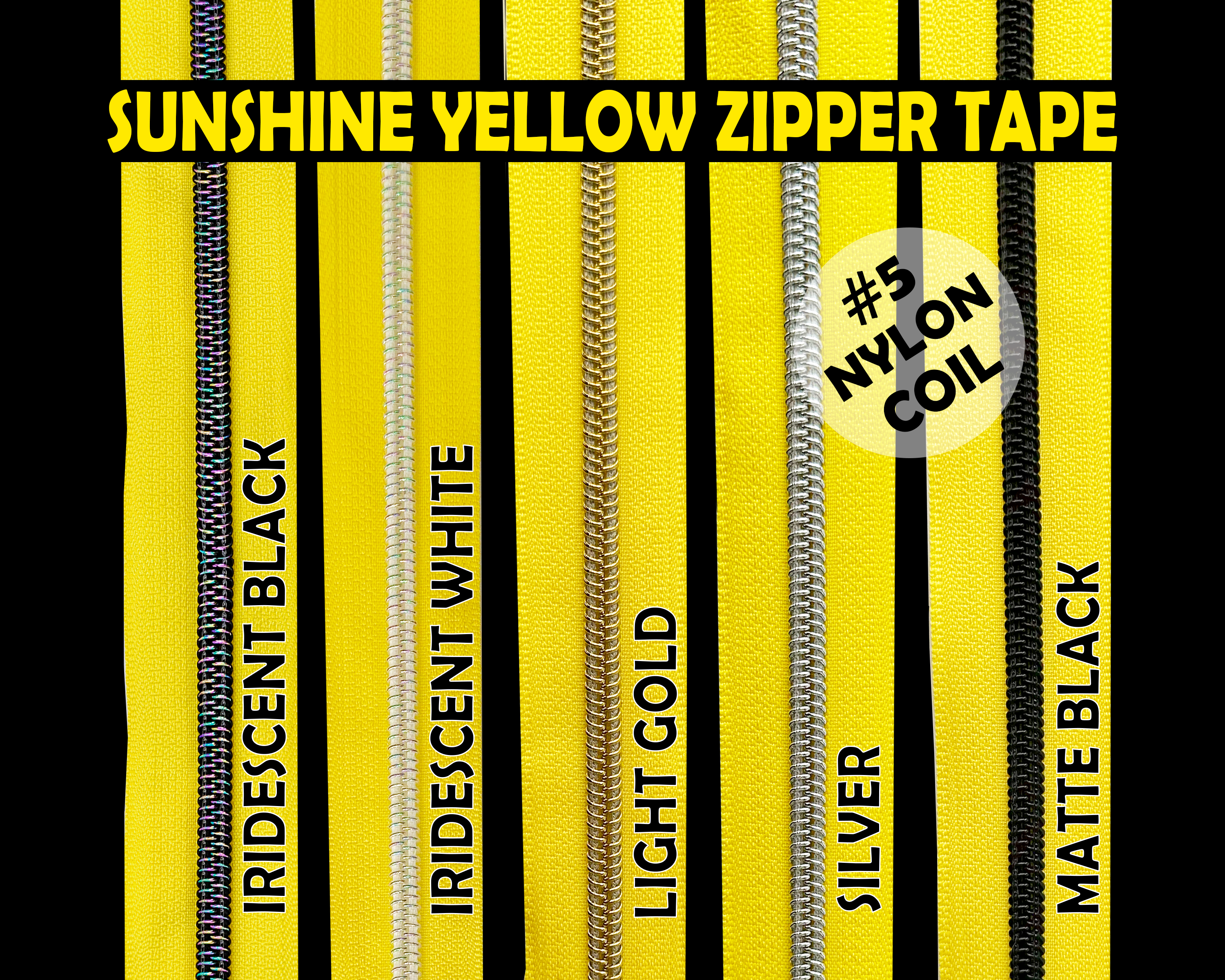 Sunshine Yellow Zipper Tape, Size 5 Nylon Coil with various coloured teeth