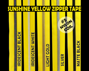 Sunshine Yellow Zipper Tape, Size 5 Nylon Coil with various coloured teeth