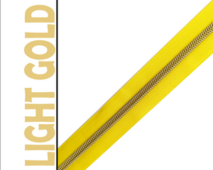 Sunshine Yellow Zipper Tape, Size 5 Nylon Coil with various coloured teeth