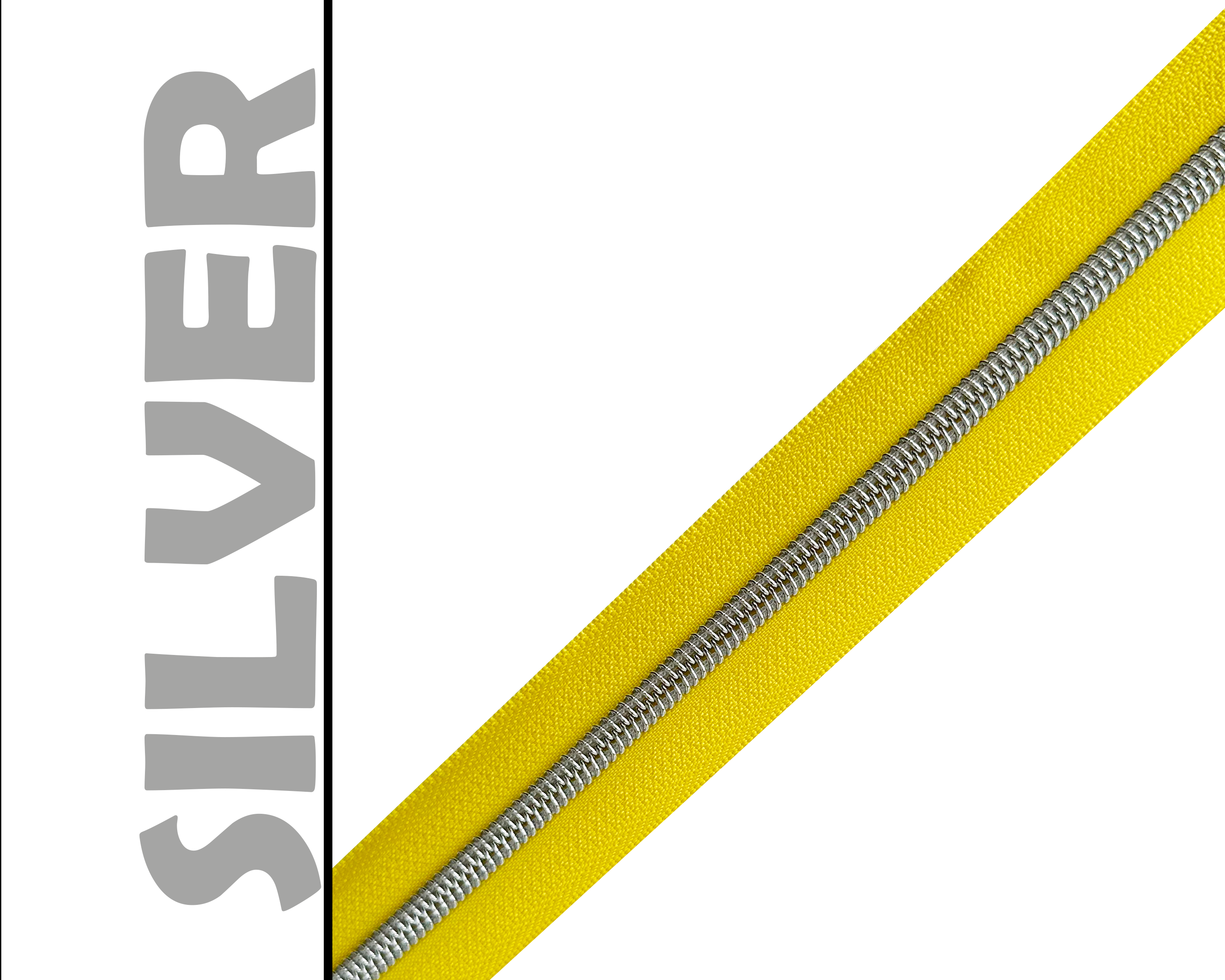 Sunshine Yellow Zipper Tape, Size 5 Nylon Coil with various coloured teeth