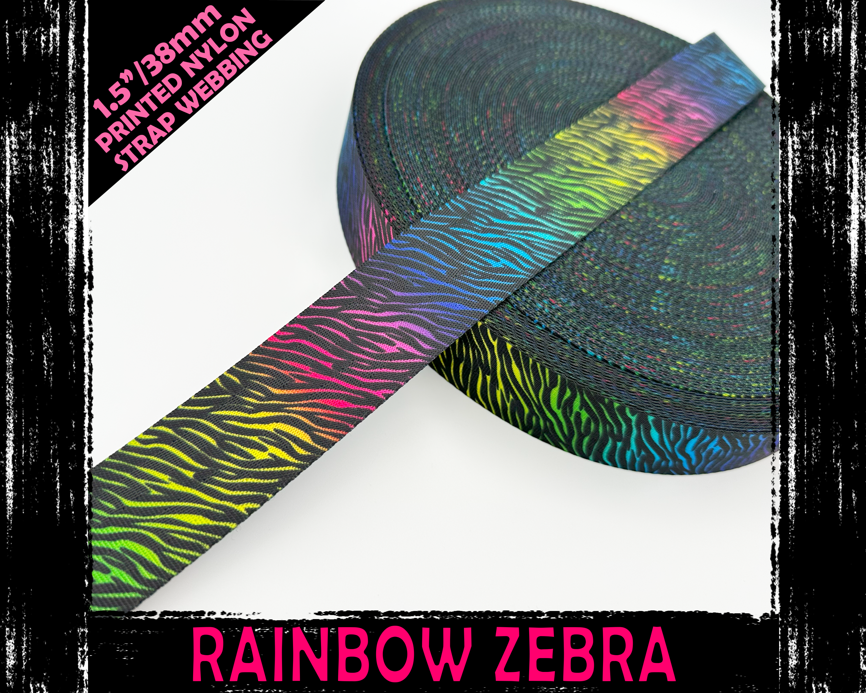 38mm Rainbow Zebra Print Webbing, Bag Straps, 1.5" wide