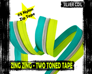 Two Toned Blue and Lime Green Zipper Tape with Rainbow teeth, size 5 nylon zip