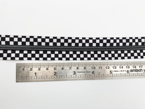 Black & White Checkered print Zipper Tape with Gunmetal Black Teeth, #5 nylon zips