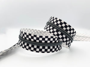 Black & White Checkered print Zipper Tape with Gunmetal Black Teeth, #5 nylon zips