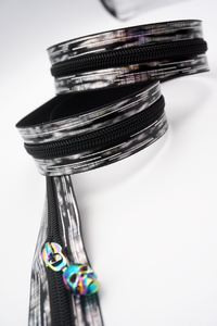 Holographic Zipper Tape with Gunmetal Black Teeth, #5 nylon zips