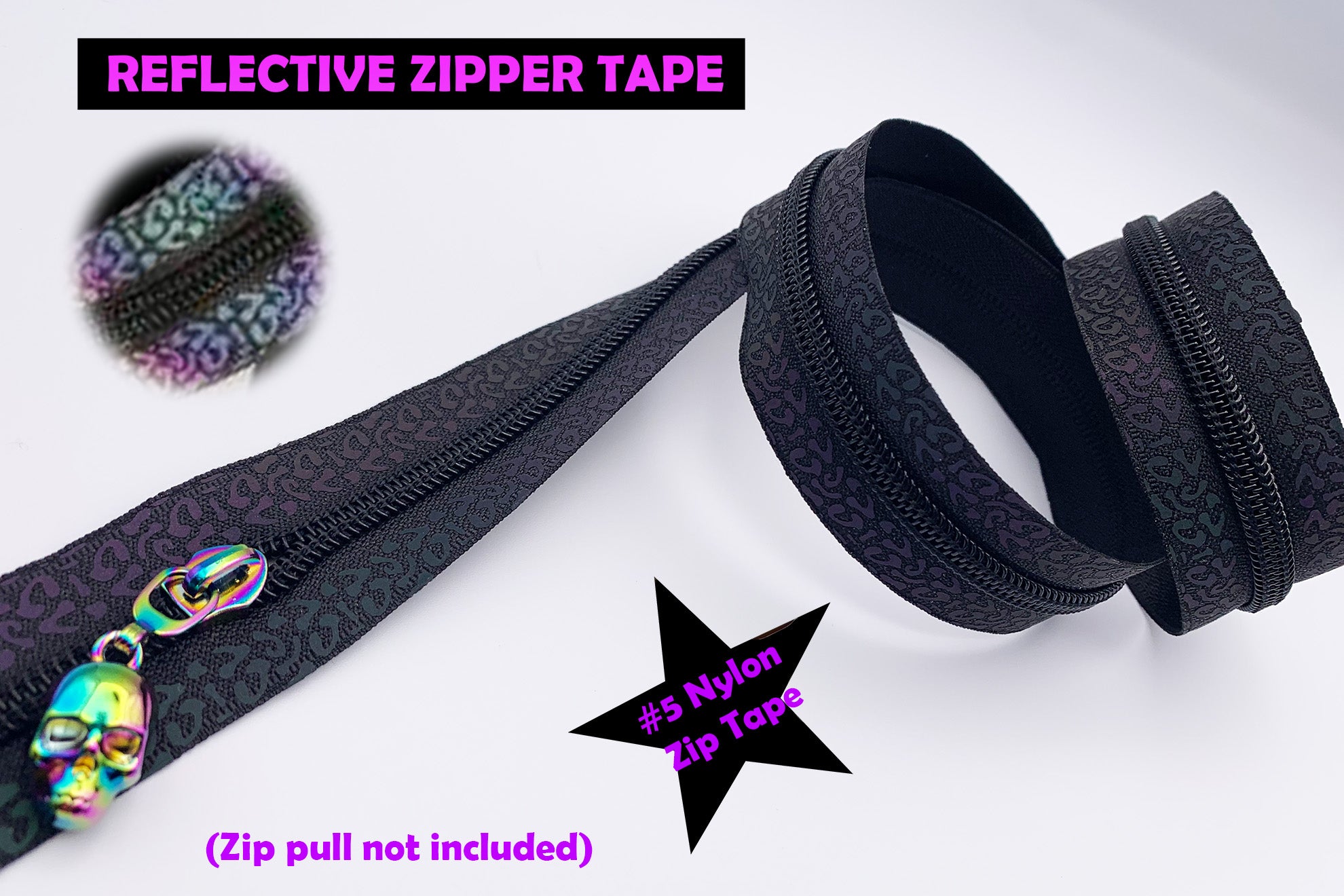 Leopard Reflective Zipper Tape with Black Teeth, #5 nylon zips