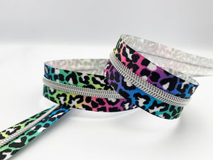 Rainbow Leopard print Zipper Tape with Silver Teeth, #5 nylon zips