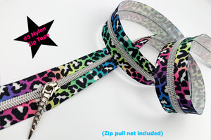 Rainbow Leopard print Zipper Tape with Silver Teeth, #5 nylon zips
