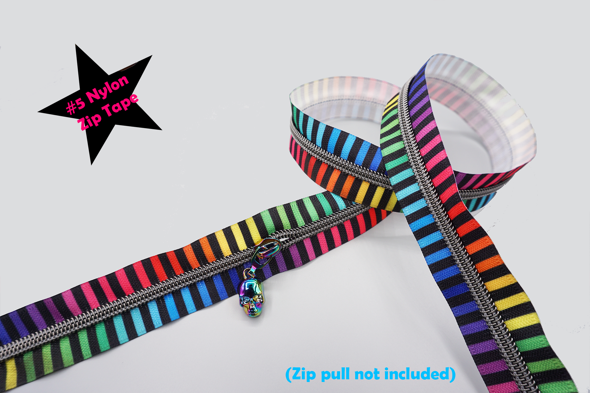 Rainbow Stripe Zipper Tape with Gunmetal Teeth, #5 nylon zips