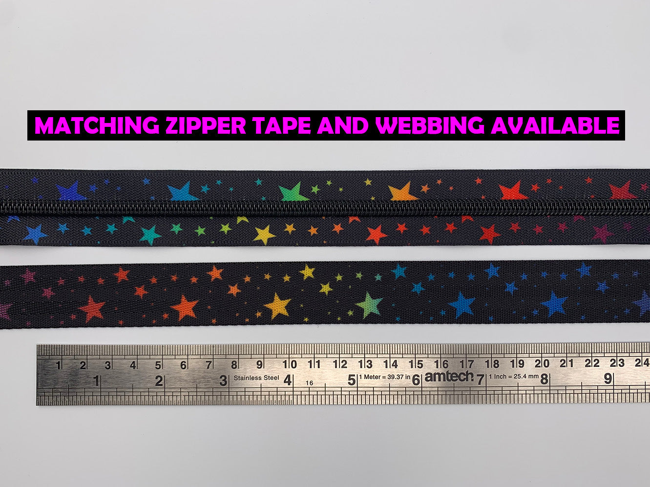 Multi-coloured Stars print Zipper Tape with Black Teeth, #5 nylon zips